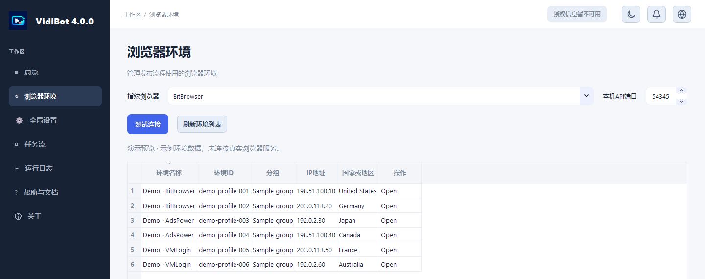 VidiBot 浏览器环境页面,包含虚构示例数据