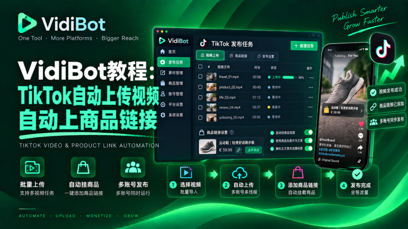 VidiBot教程：上传TikTok时添加商品链接-VidiBot 跨平台分发引擎 | WxBot 微信自动化