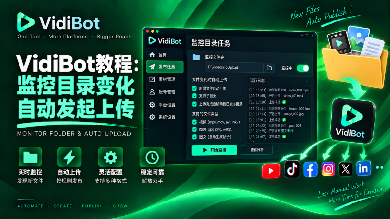 VidiBot教程：定时监控目录内文件变化，自动发起上传-VidiBot 跨平台分发引擎 | WxBot 微信自动化